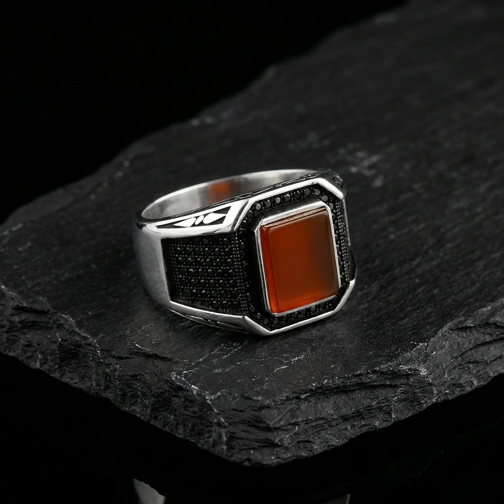 Kare Doğal Akik Taşlı Siyah Mikro İşlemeli Modern Erkek