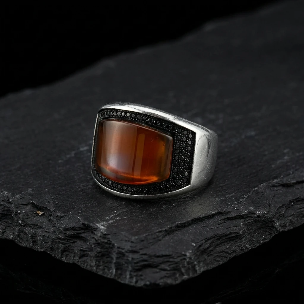 Modern Bombeli Tasarım Doğal Akik Taşlı Erkek Yüzük