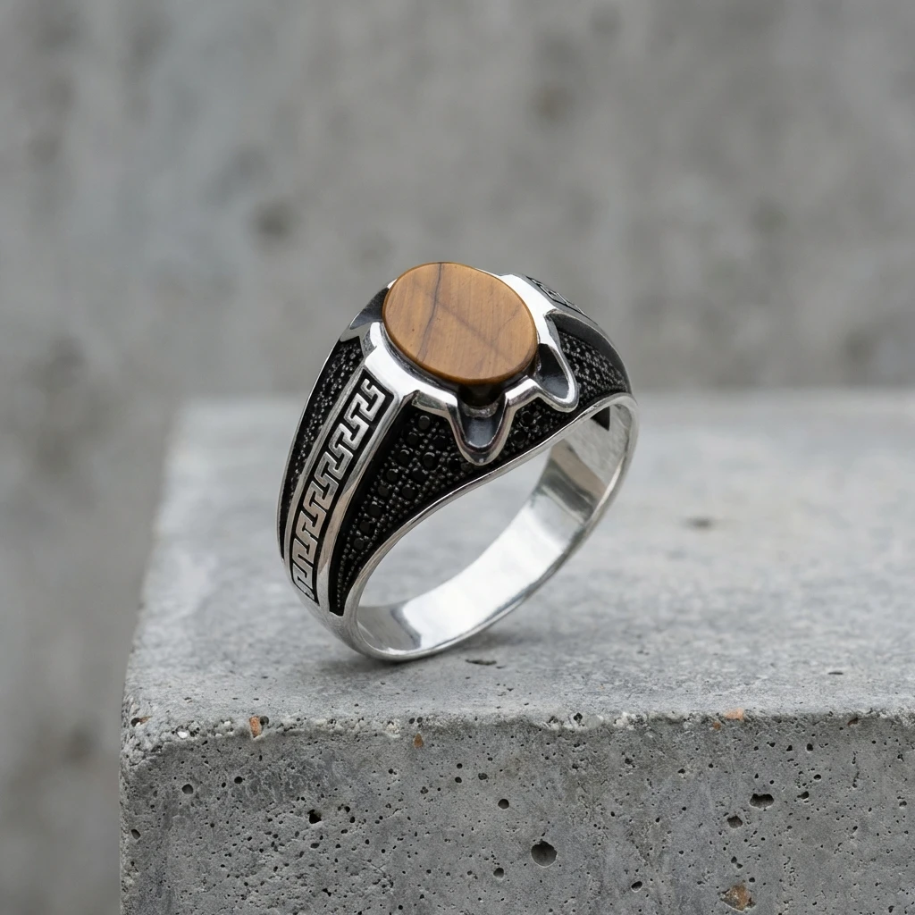 Doğal Kaplan Gözü Taşlı Antik Labirent Desenli Erkek Yüzük