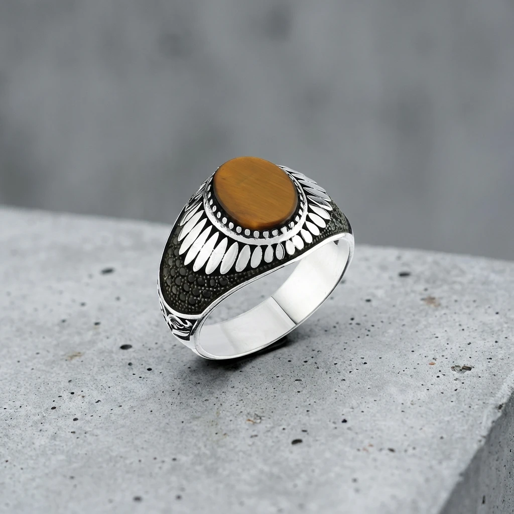 Kaplan Gözü Taşlı Işın Motifli Modern Erkek Yüzük