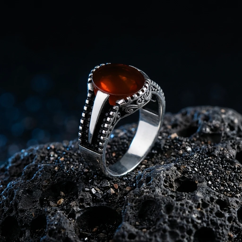 Kızıl Akik Taşlı Minimal Erkek Yüzük