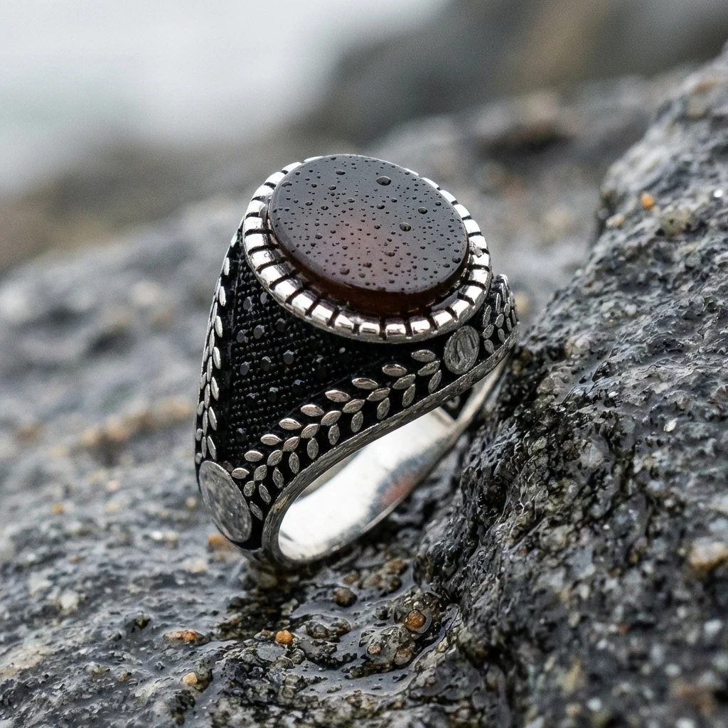 Yaprak Desenli ve Siyah Oniks Taşlı Erkek Yüzüğü