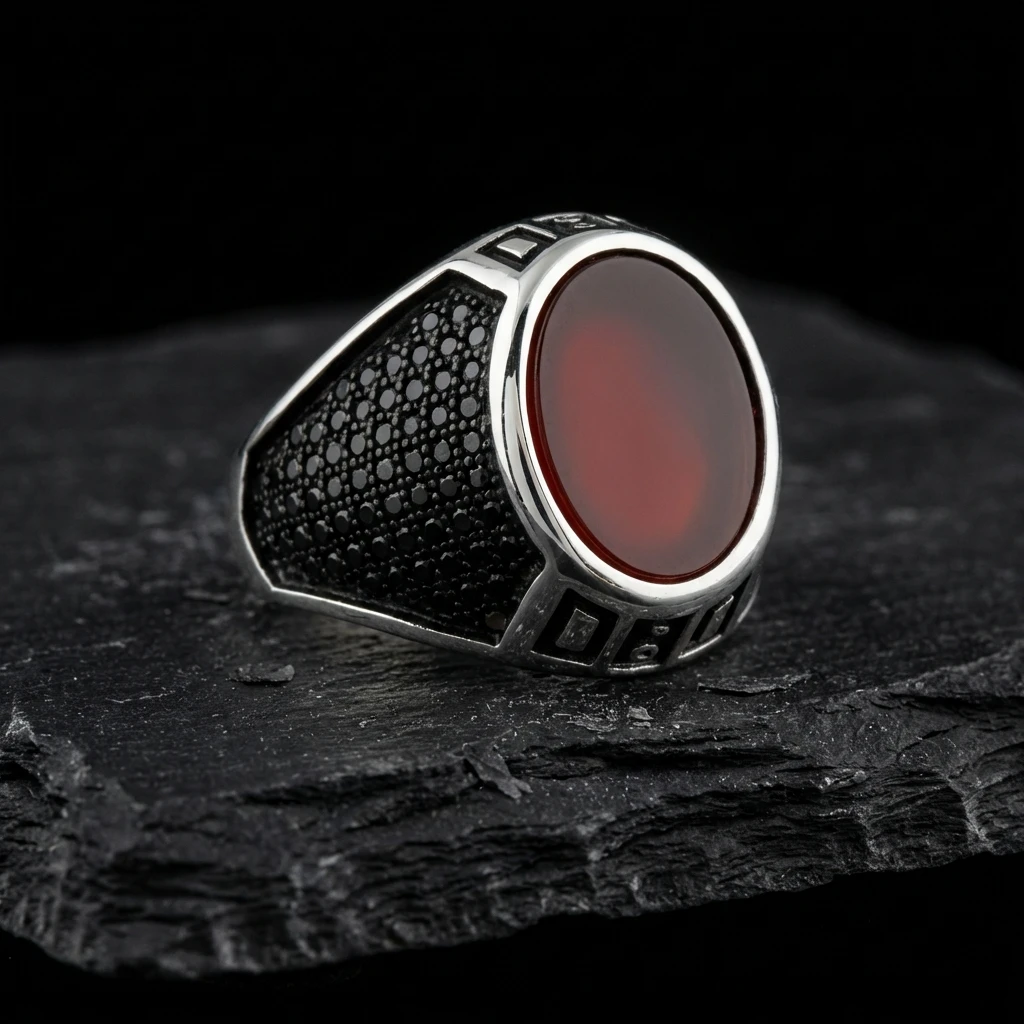 Geometrik Desenli ve Kızıl Akik Taşlı Erkek Yüzük