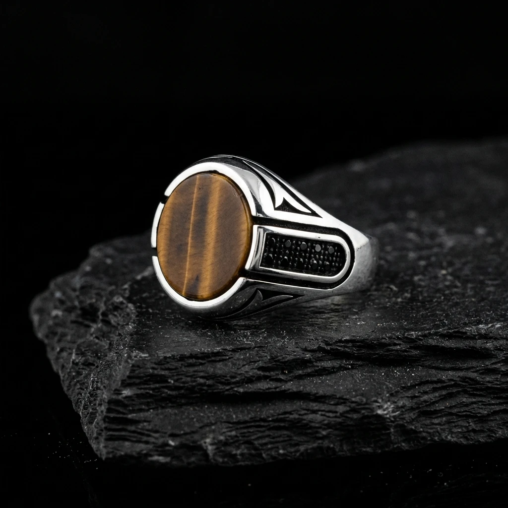 Kaplan Gözü Taşlı Yanları Siyah Zirkon İşlemeli Erkek Yüzük