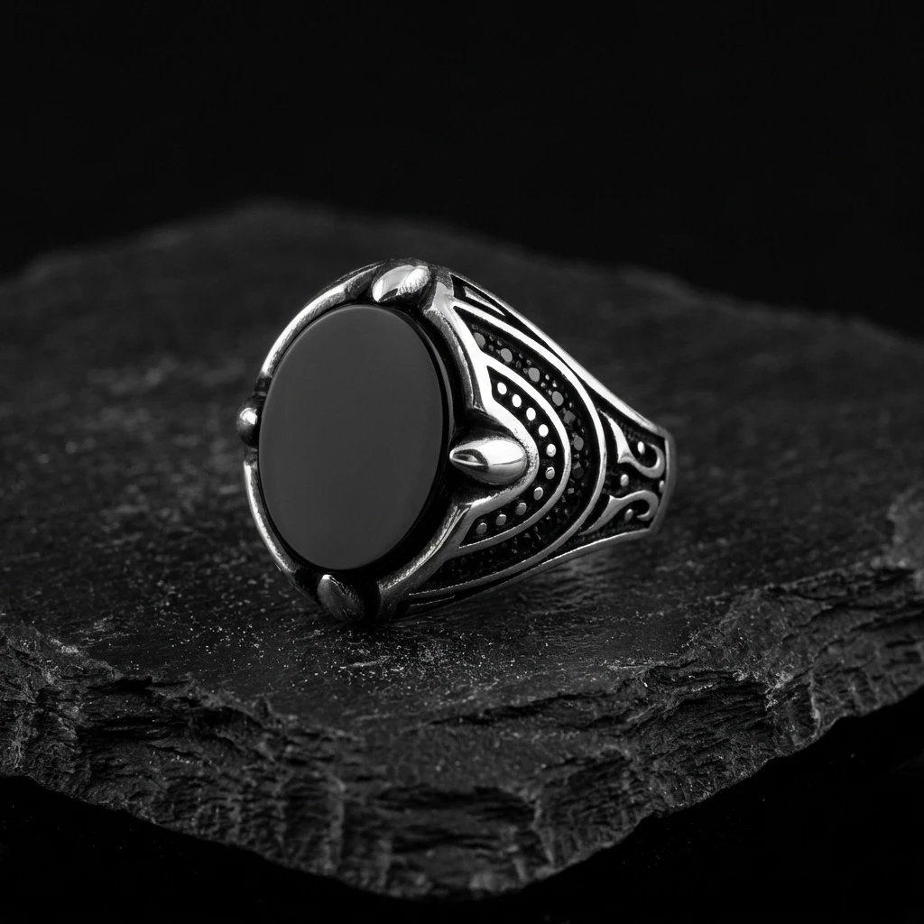 Çift Pençe Detaylı Siyah Oniks Erkek Yüzük