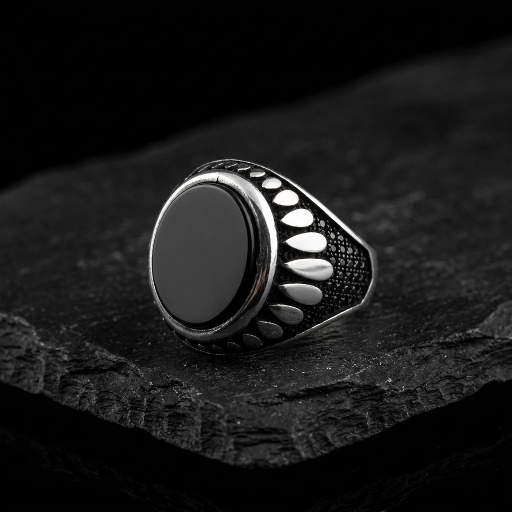 Özel Tasarım Dairesel Siyah Oniks Mühür Erkek Gümüş Yüzük