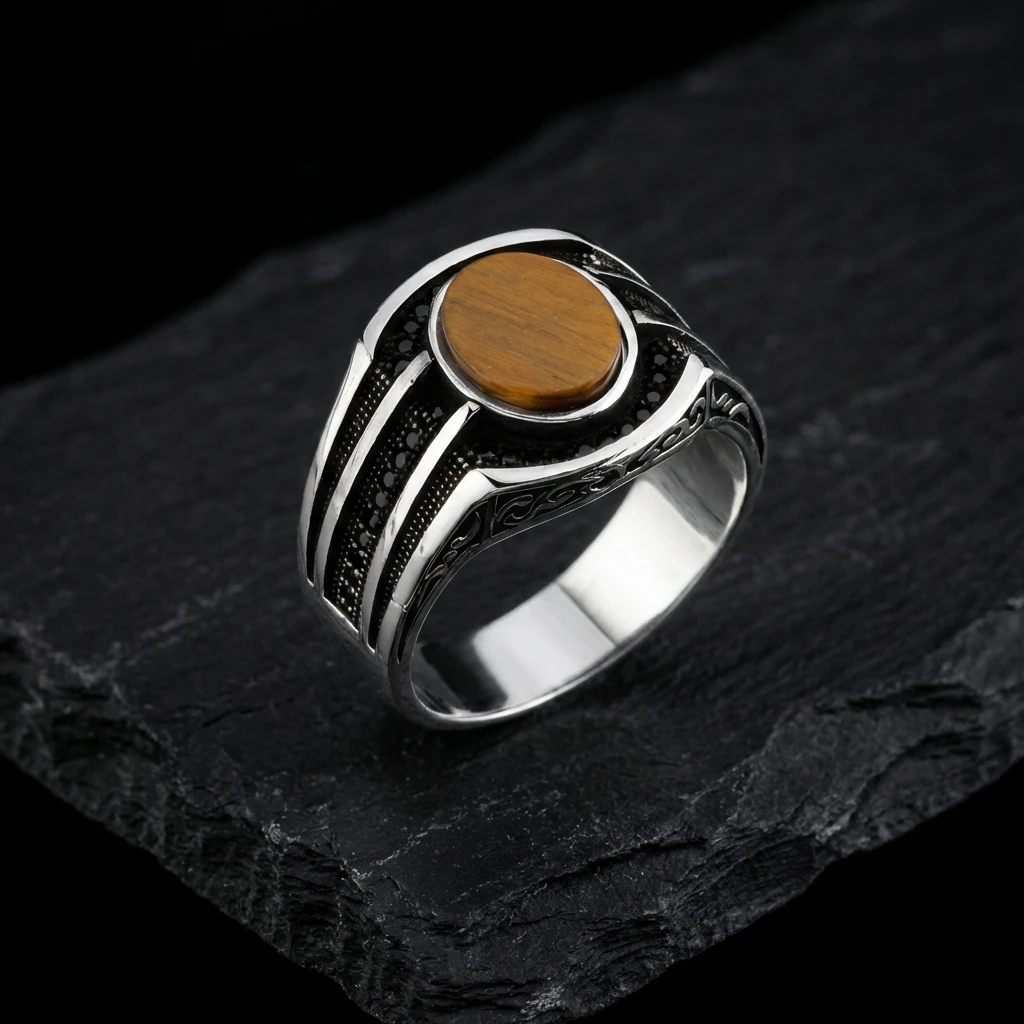 Kaplan Gözü Taşlı Masif Erkek Yüzüğü