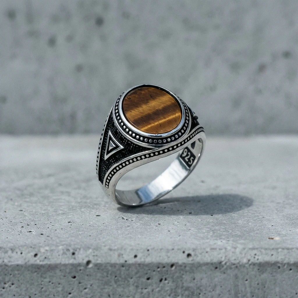 Nokta İşlemeli Kızıl Akik Taşlı Erkek Yüzük