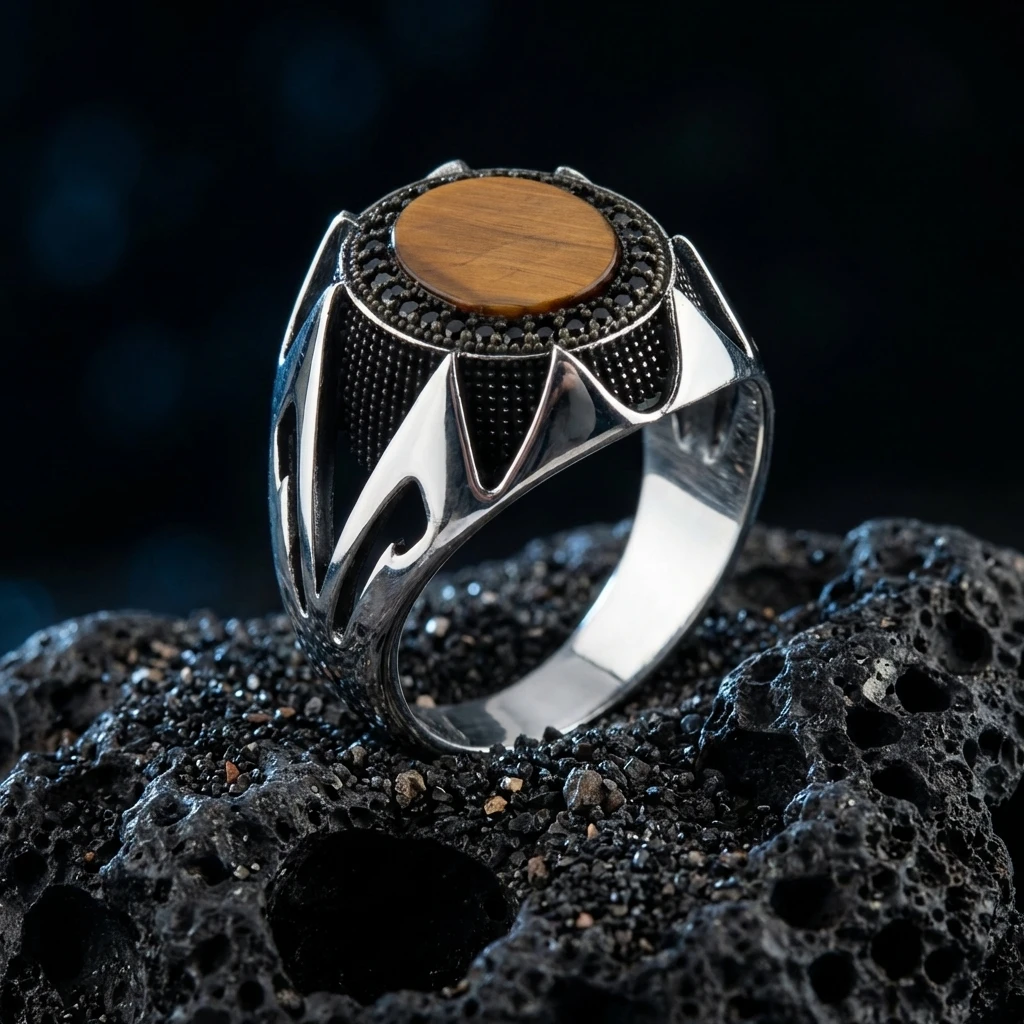 Keskin Kanat Tasarım Oval Kaplan Gözü Erkek Yüzük