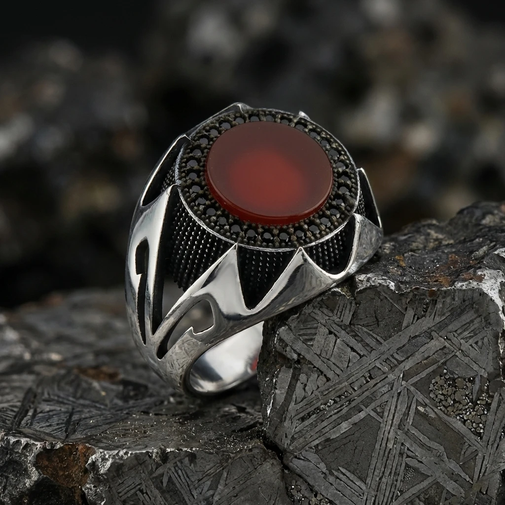Keskin Kanat Tasarım Yuvarlak Kızıl Akik Erkek Yüzük