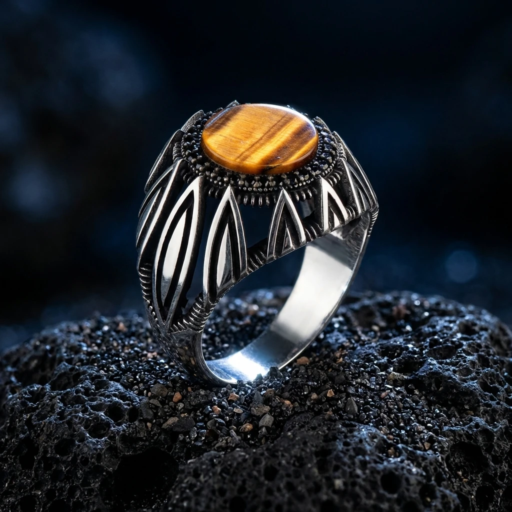 Keskin Kanat Tasarım Yuvarlak Kaplan Gözü Erkek Yüzük