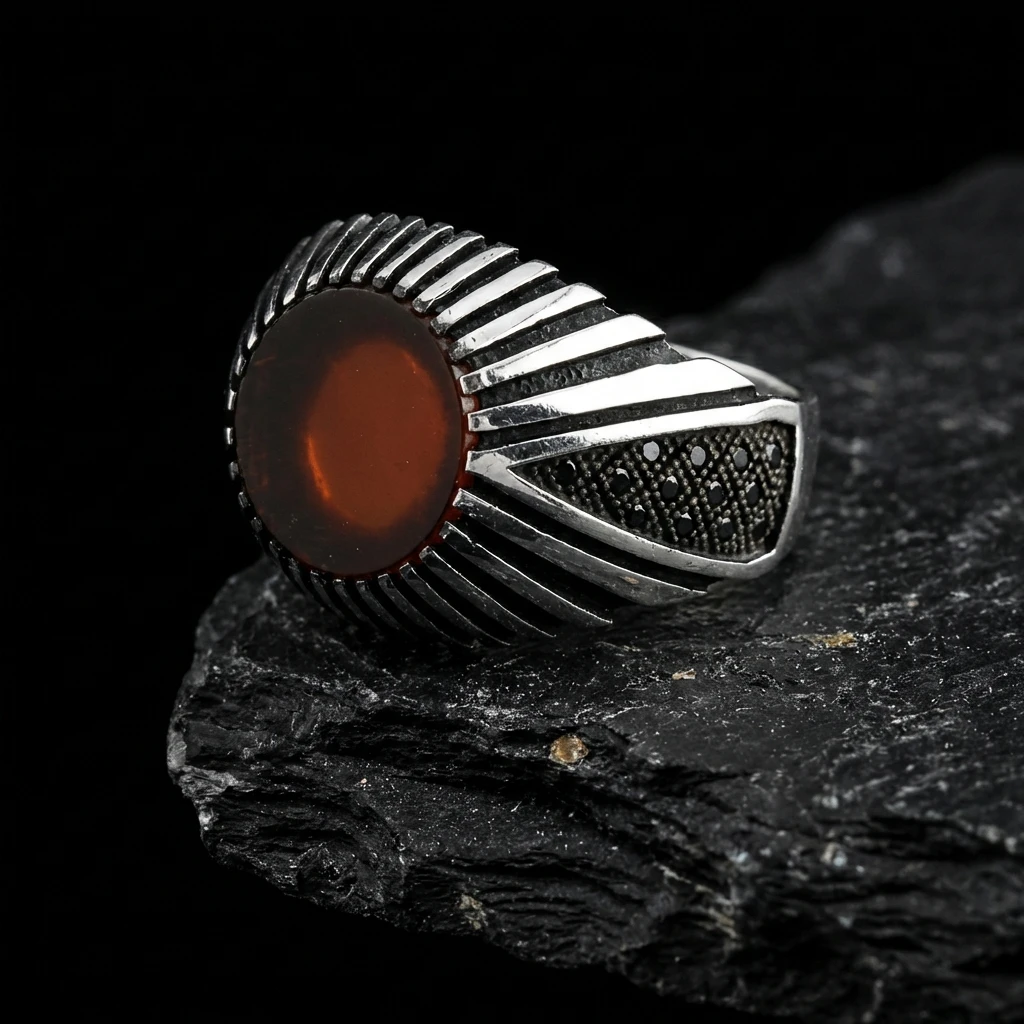 Işınsal Tasarım Yuvarlak Kırmızı Akik Erkek Yüzük