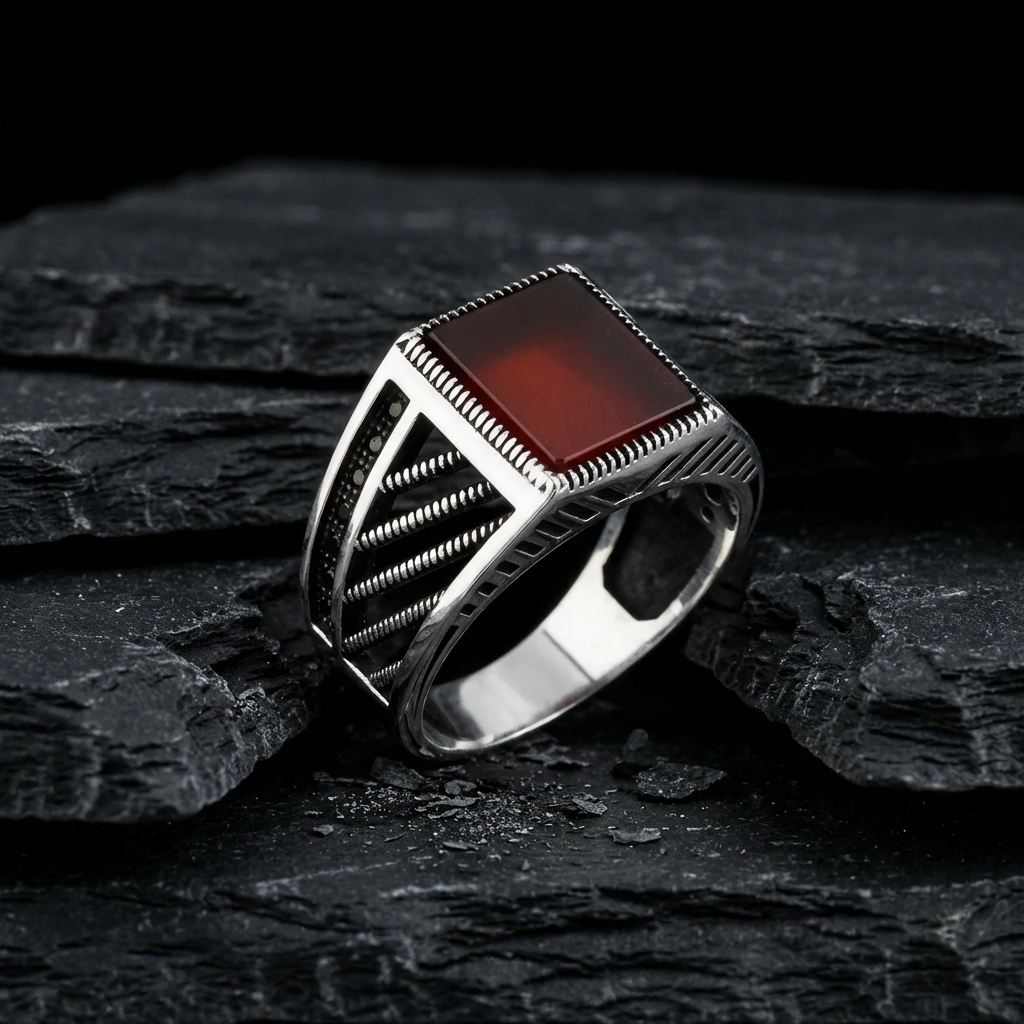 Kare Turuncu Akik Taşlı Diyagonal Tasarım Erkek Yüzük