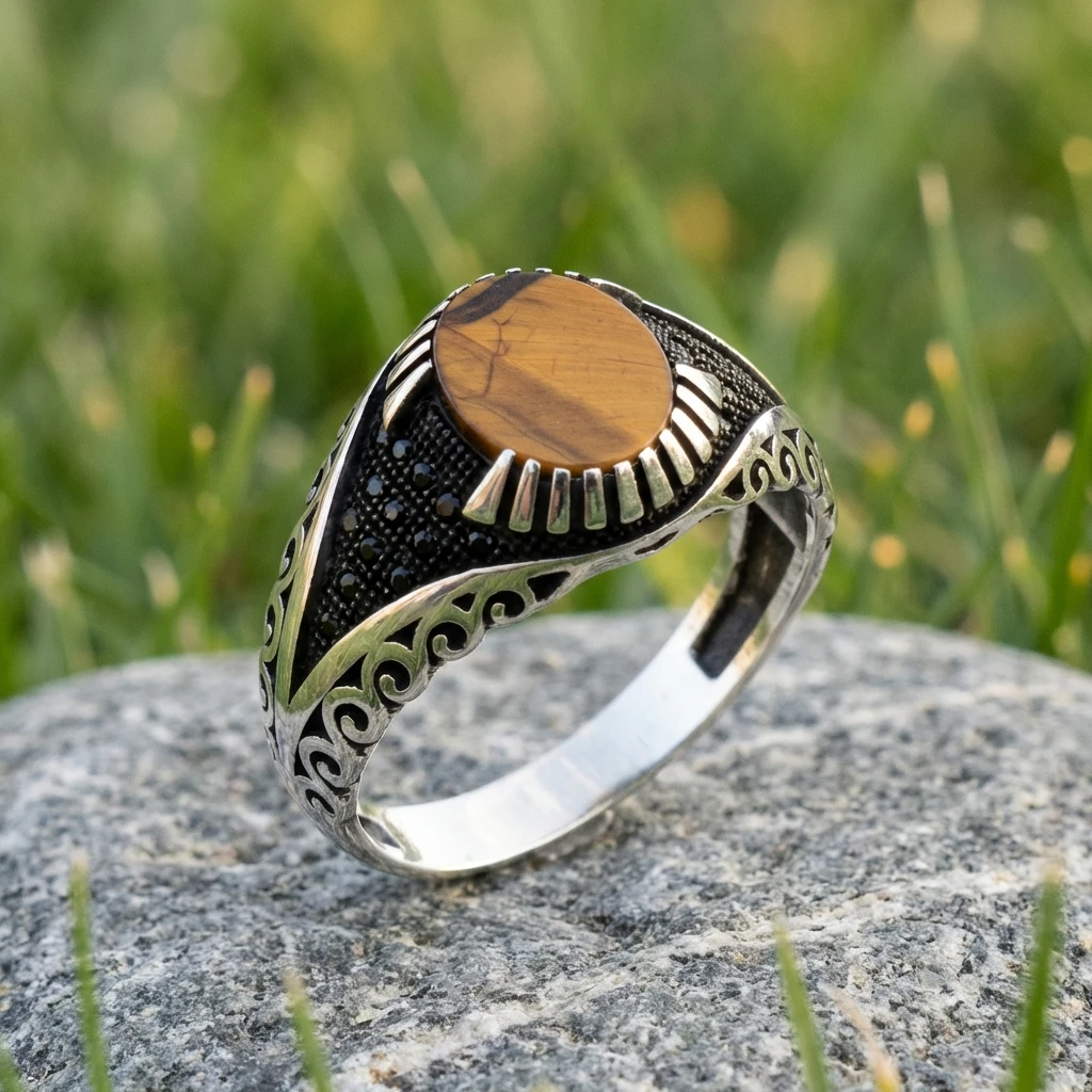 Sarmal İşlemeli Oval Kaplan Gözü Erkek Yüzük