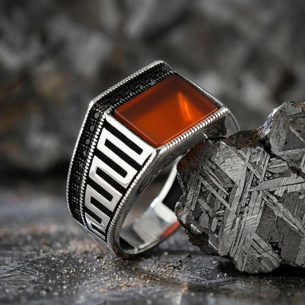 Dikdörtgen Turuncu Akik Taşlı Geometrik Erkek Yüzük