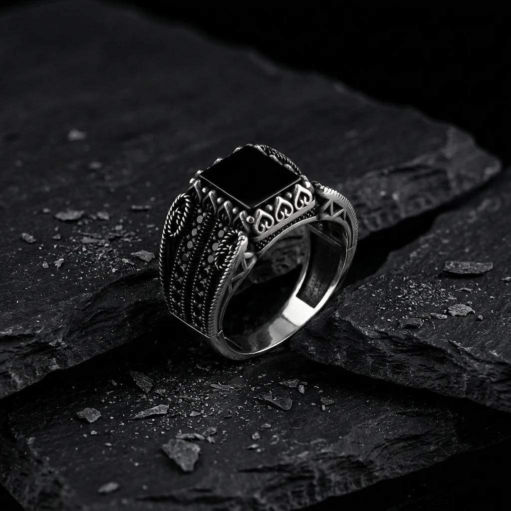 Siyah Oniks Taşlı Kare Model Örgü Desenli Erkek Yüzük