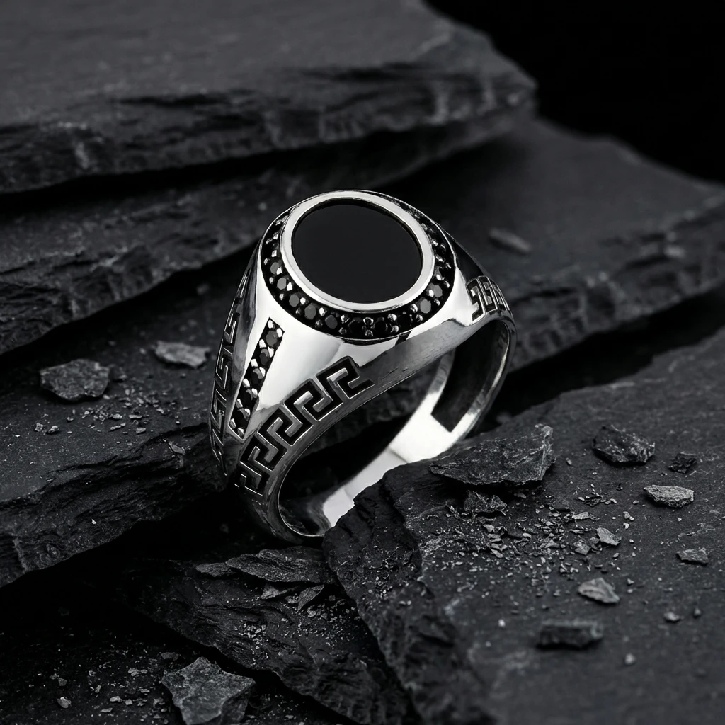 Siyah Oniks Taşlı Grek Desenli Oval Erkek Yüzük