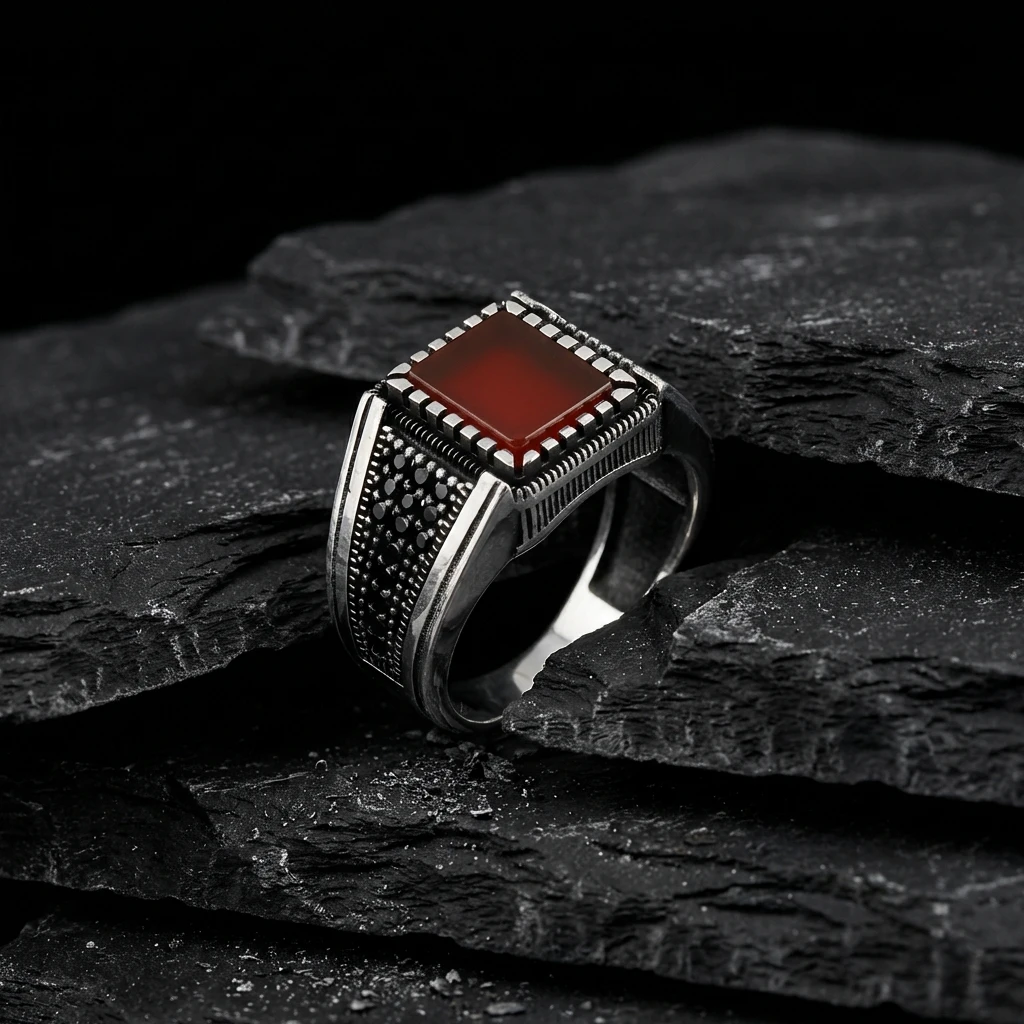 Özel İşçilikli Kare Kesim Akik Gümüş Erkek Yüzüğü