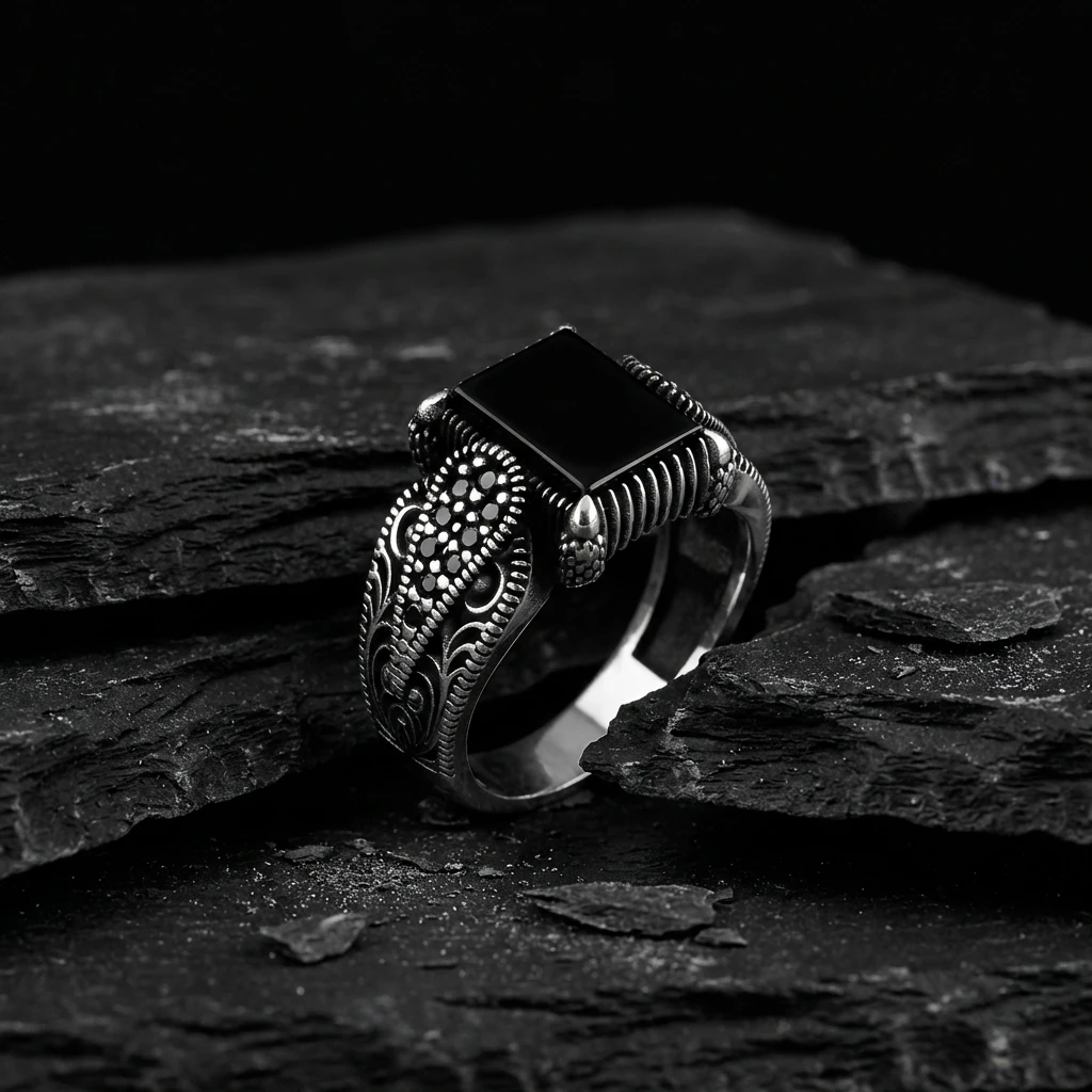 Özel Tasarım Kare Siyah Taşlı Erkek Yüzüğü