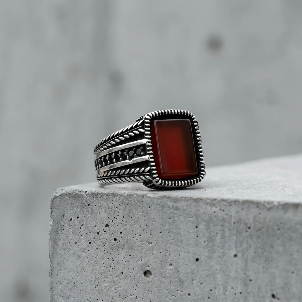 Dikdörtgen Akik Taşlı ve Örgü Desenli Erkek Yüzük