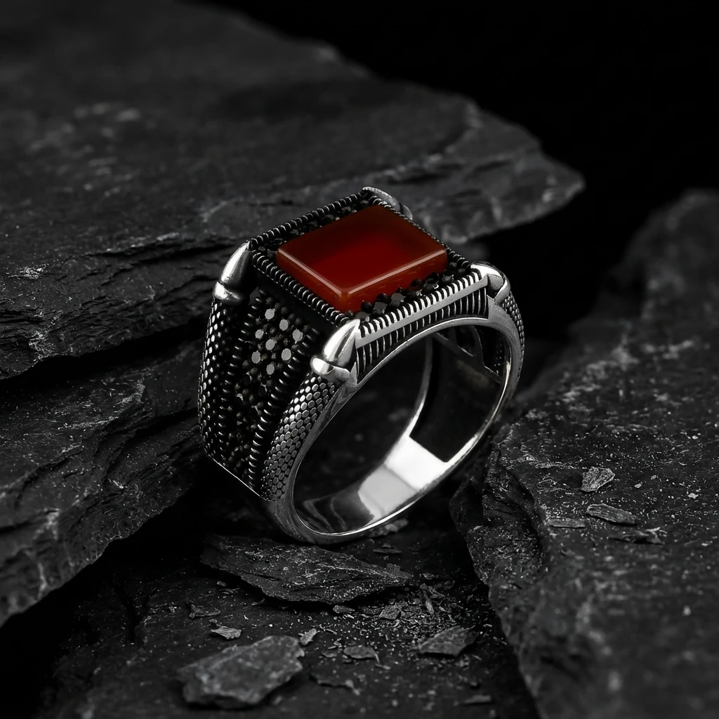 Dikdörtgen Akik Taşlı ve Pençe Detaylı Erkek Yüzük