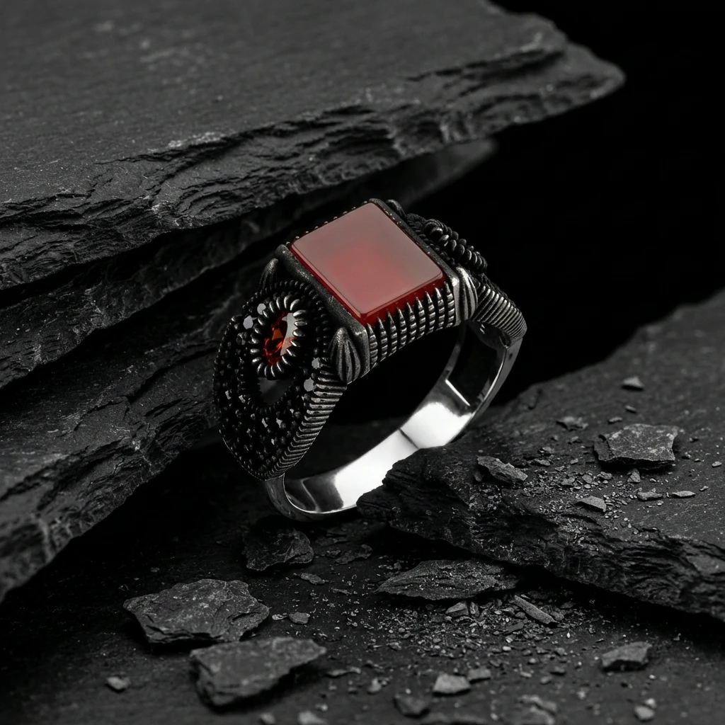 Pençe Detaylı ve Kare Kızıl Akik Erkek Yüzük