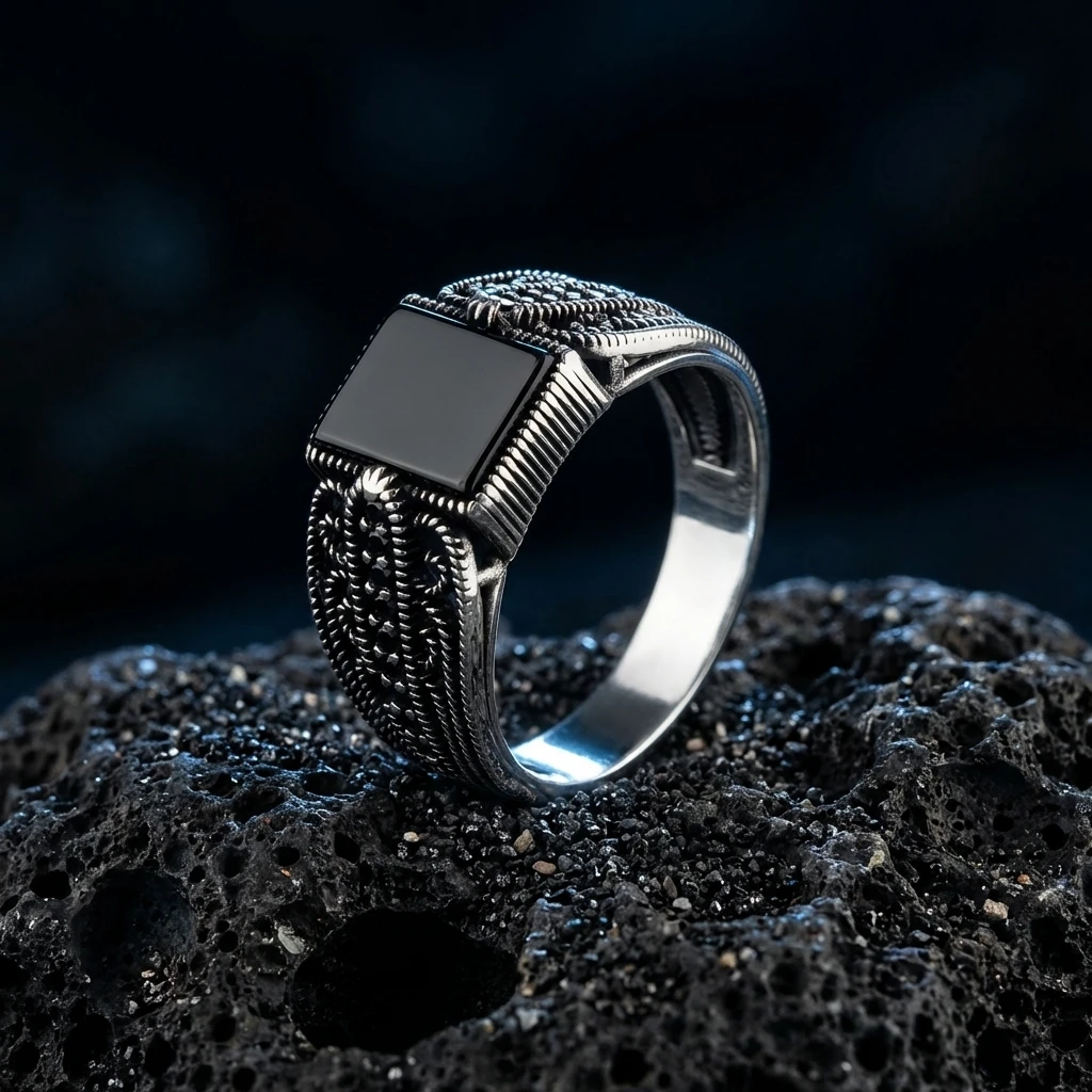 Halat Örgü Desenli Kare Siyah Oniks Erkek Yüzük