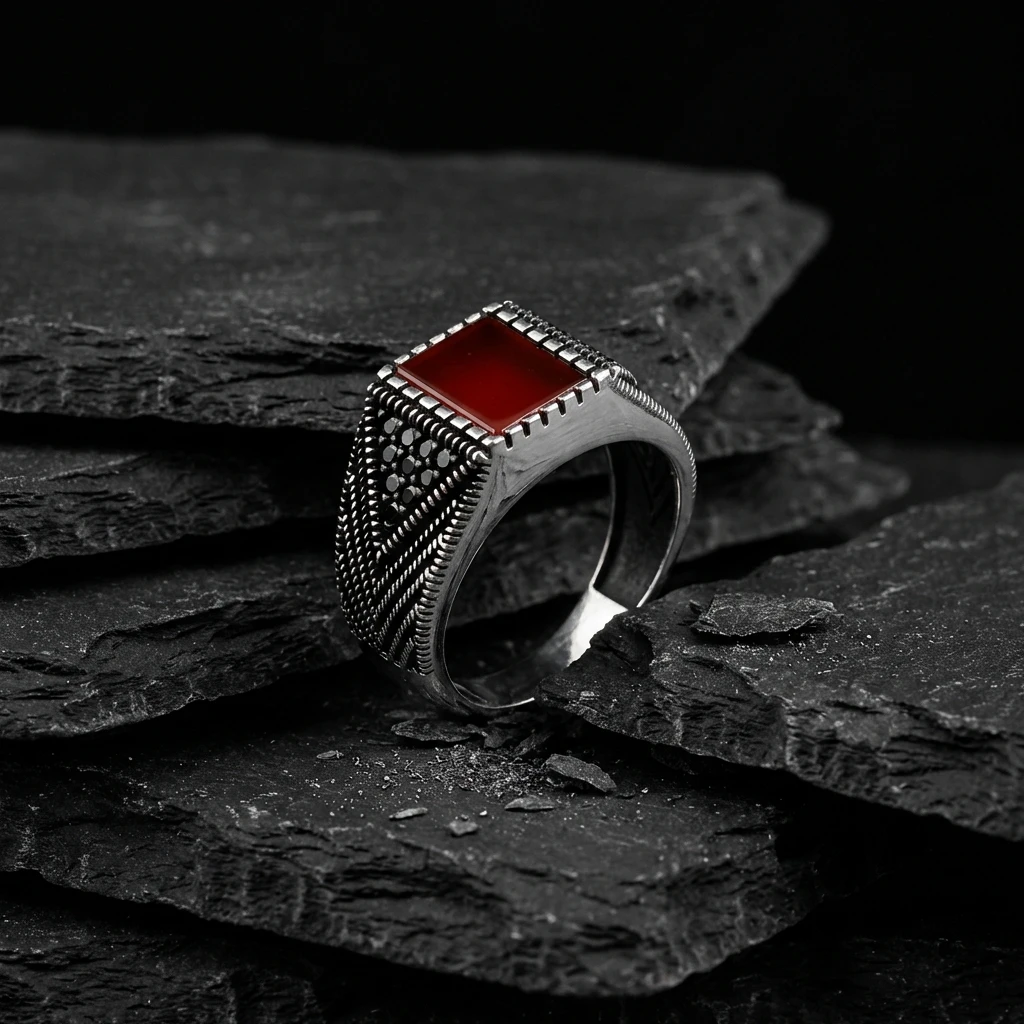 Siyah Dikdörtgen Taşlı Yanları Mikro Siyah Zirkonlu Gümüş Yüzük