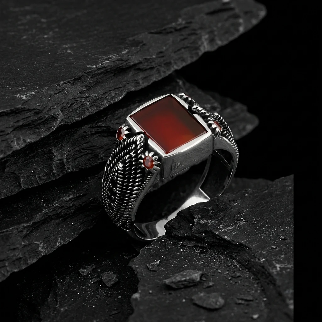 Halat Örgü Desenli Kare Kızıl Akik Erkek Yüzük