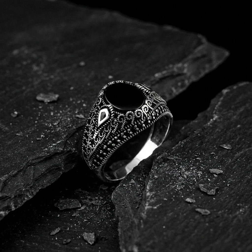 Oval Siyah Taşlı Yanları Mikro Zirkon ve Damla Motifli Gümüş Yüzük