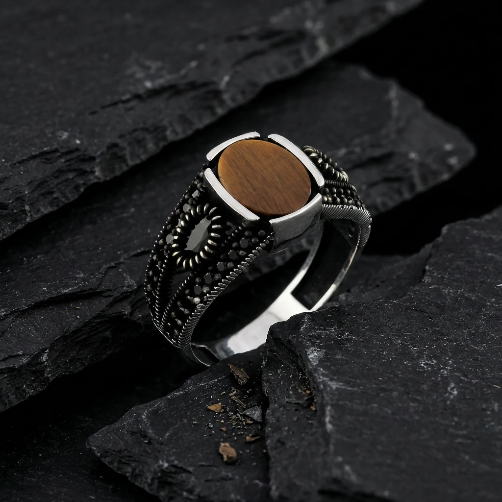 Doğal Kaplan Gözü Taşlı Yanları Elips Boşluklu Gümüş Erkek Yüzüğü