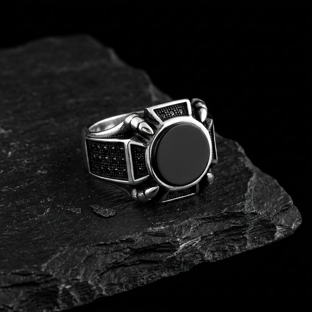 Üçgen İşlemeli Kaplan Gözü Taşlı Erkek Yüzük