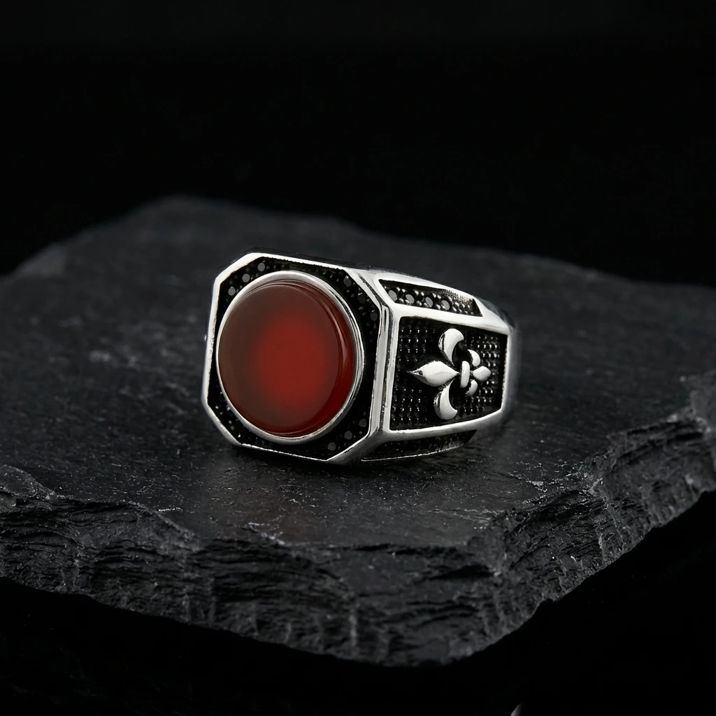 Zambak Figürlü Kızıl Akik Taşlı Erkek Yüzük