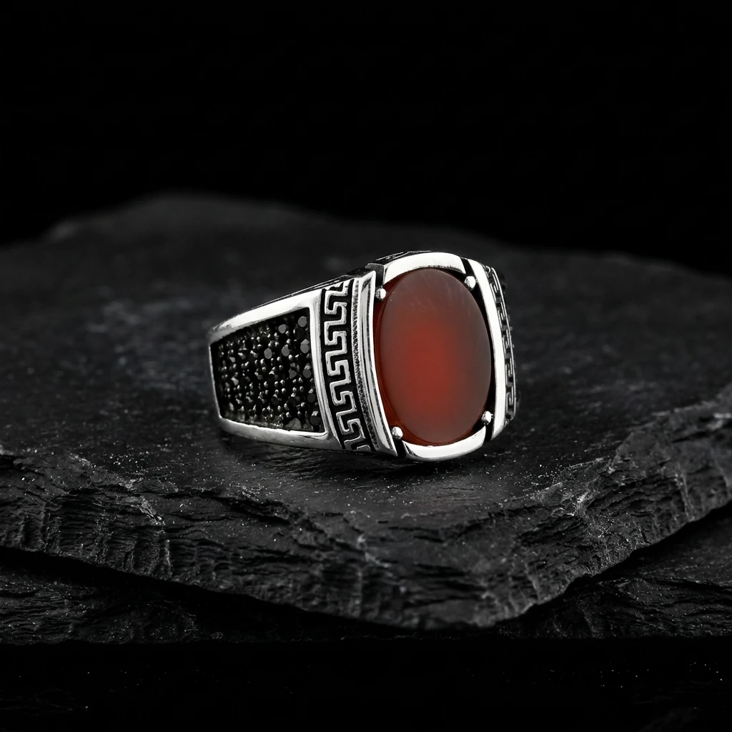Grek Desenli Oval Kızıl Akik Erkek Yüzük