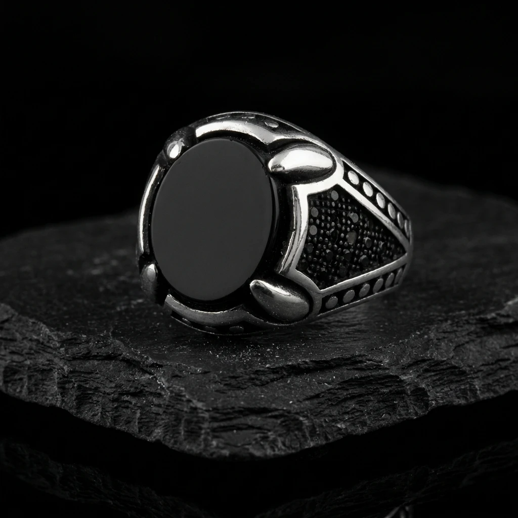 Özel Pençe Tasarım Yuvarlak Siyah Oniks Erkek Yüzük