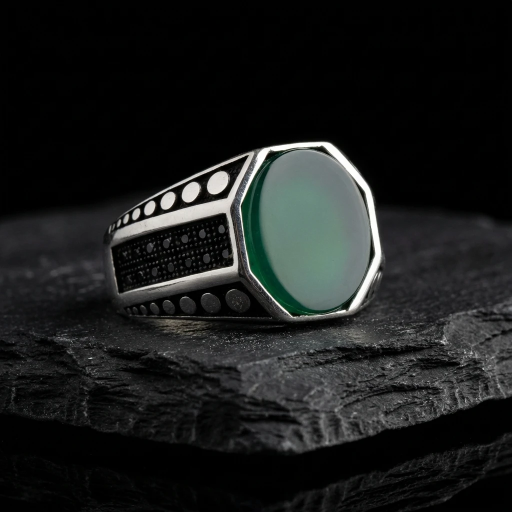 Sekizgen Yeşil Akik Taşlı Erkek Yüzük