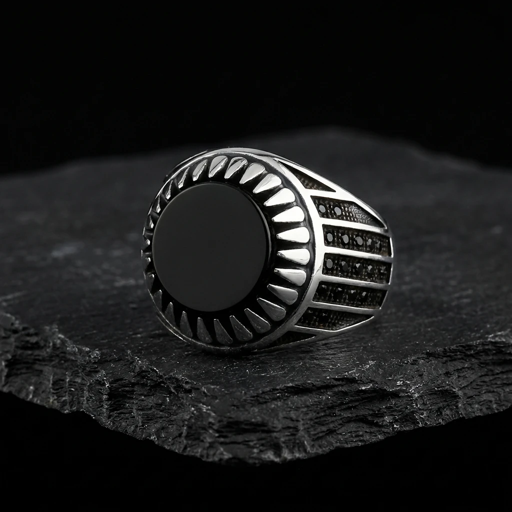 Işınsal Desenli Yuvarlak Siyah Oniks Erkek Yüzük