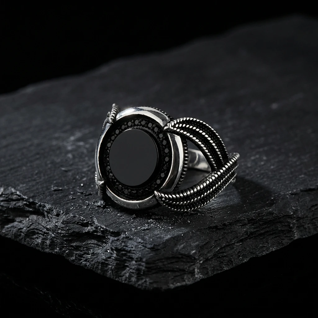 Üçlü Halat Tasarım Yuvarlak Siyah Oniks Erkek Yüzük