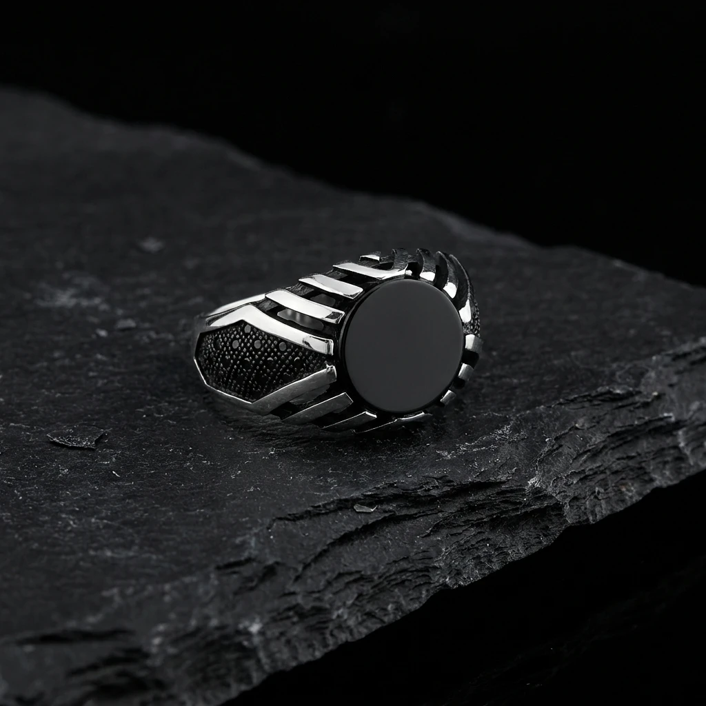 Kafes Tasarım Yuvarlak Siyah Oniks Erkek Yüzük