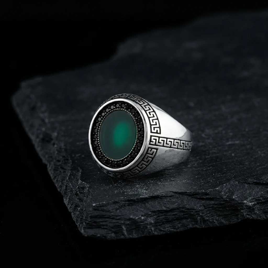 Grek Desenli Yuvarlak Yeşil Akik Erkek Yüzük