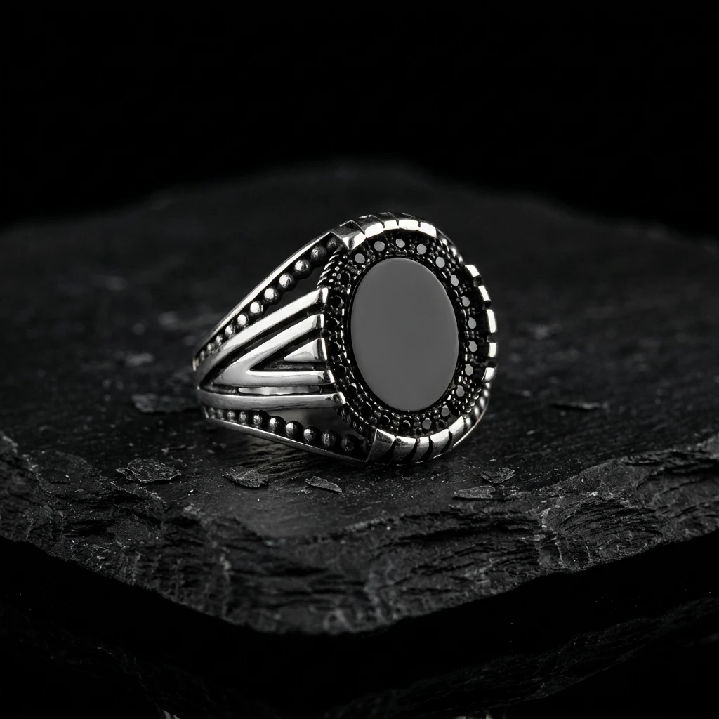 Şerit İşlemeli Yuvarlak Siyah Oniks Erkek Yüzük
