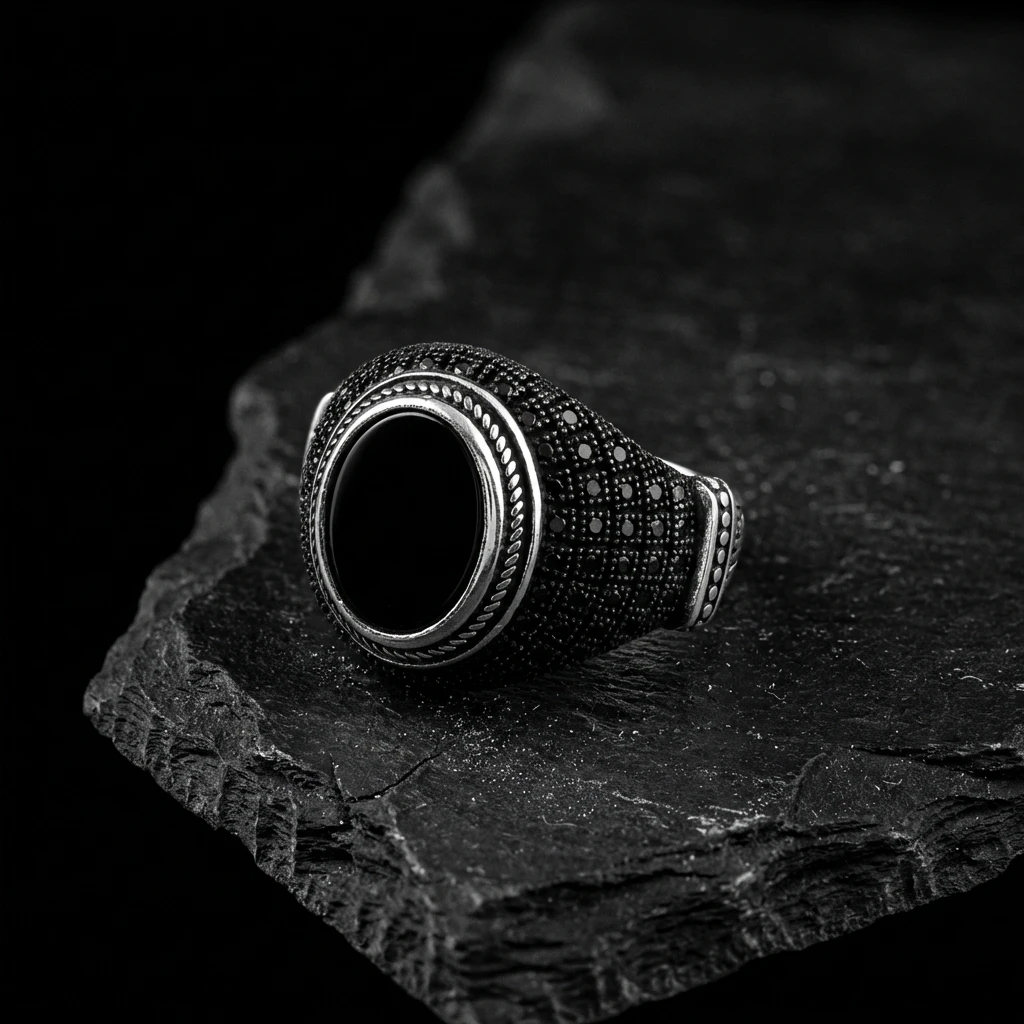 Mikro Zirkon Taş İşlemeli Siyah Oniks Erkek Yüzük