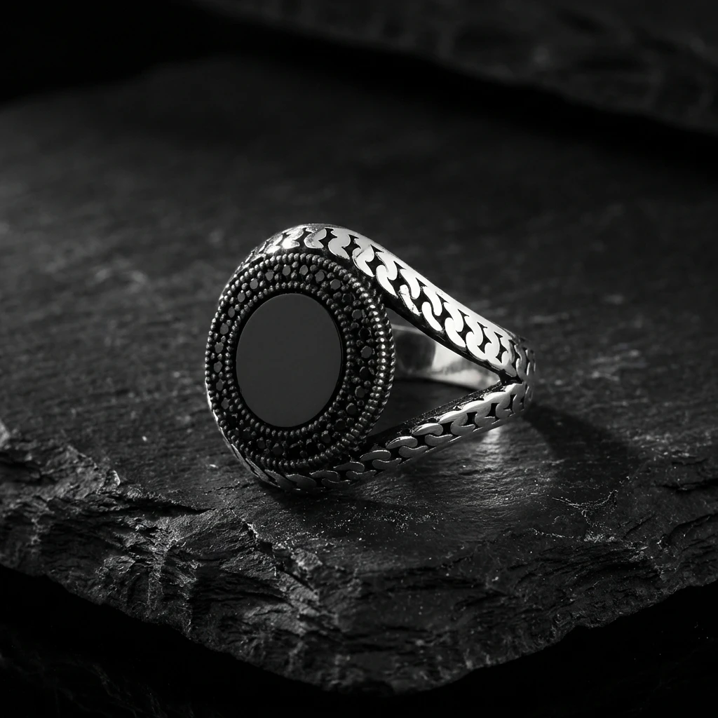 V-Kordon Tasarım Örgü Motifli Siyah Oniks Erkek Yüzük