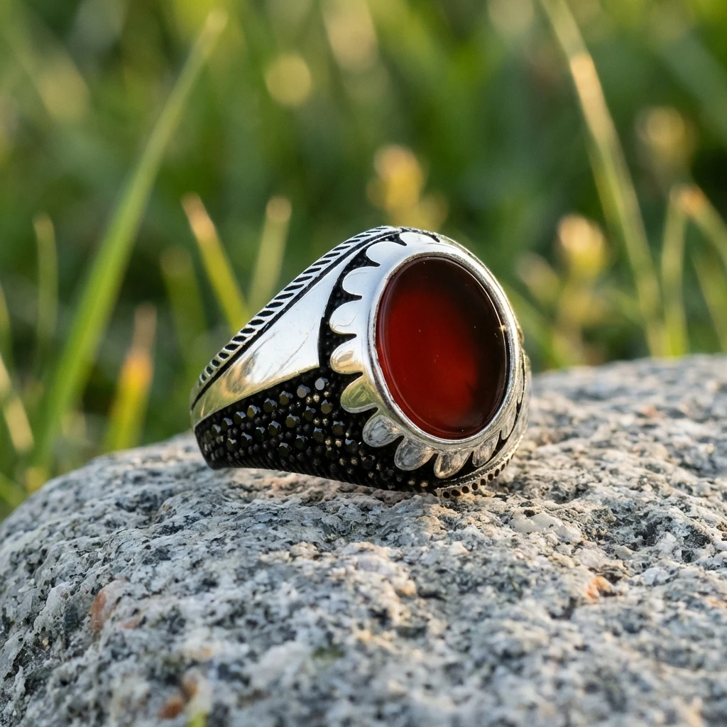 Kırmızı Akik Taşlı Mikro Siyah Zirkon İşlemeli Erkek Yüzük