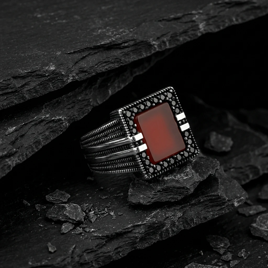 Kare Kırmızı Akik Taşlı Siyah Zirkon Mıhlamalı Erkek Yüzük