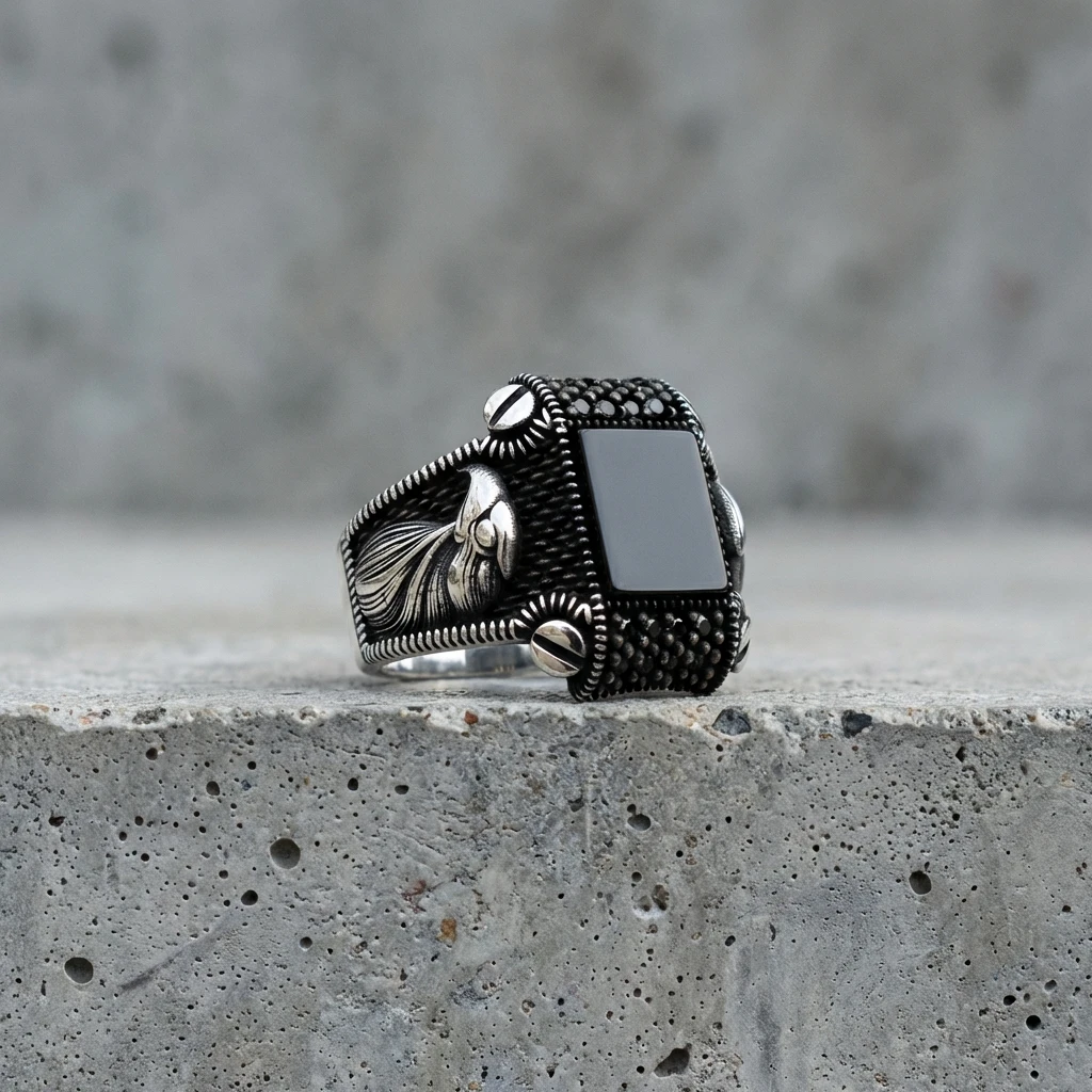 Kartal Figürlü Kare Siyah Oniks Erkek Yüzük