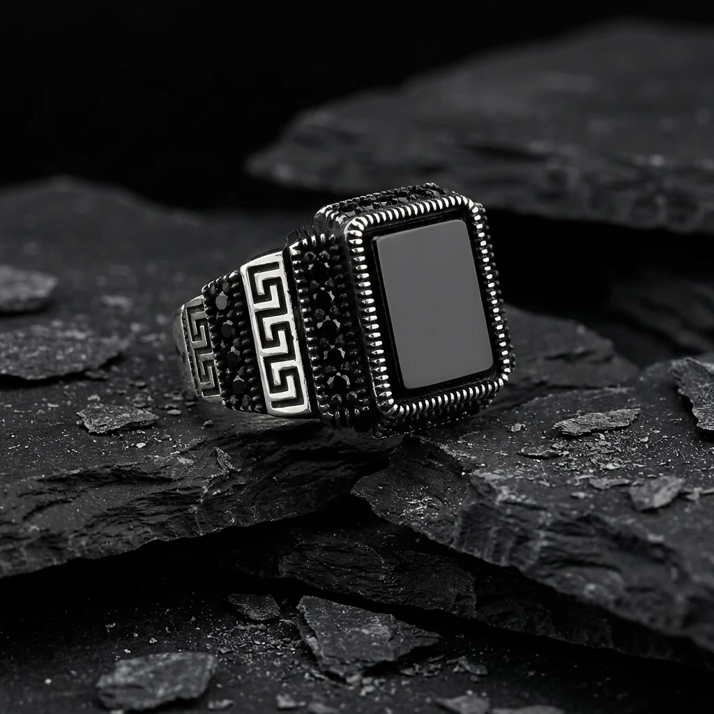 Grek Desenli Kare Siyah Oniks Erkek Yüzük