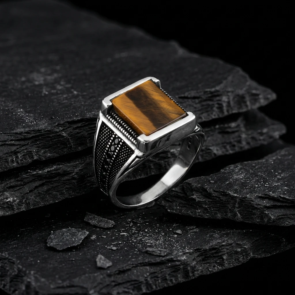 Dikdörtgen Kaplan Gözü Taşlı Modern Tasarım Gümüş Erkek Yüzüğü