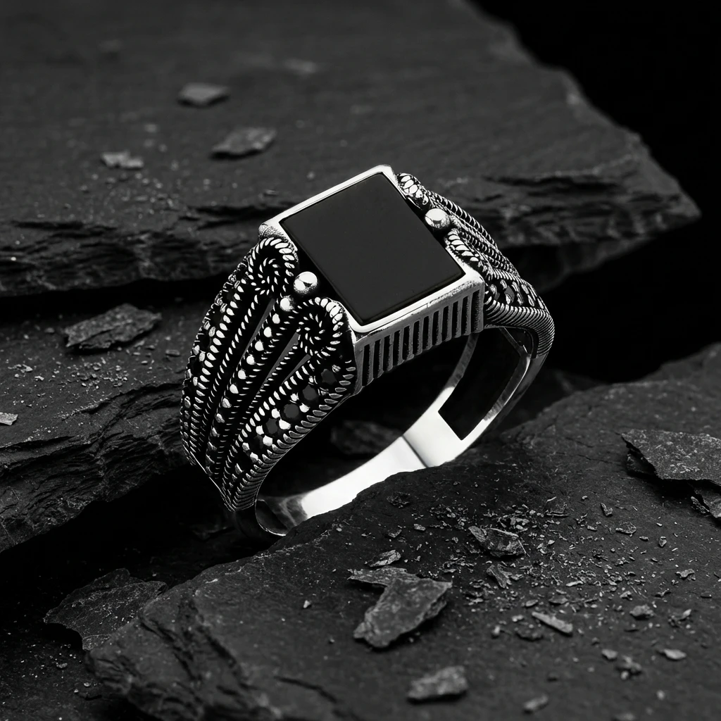 Siyah Kare Taşlı Yanları S Formu Mikro Zirkon İşlemeli Gümüş Yüzük