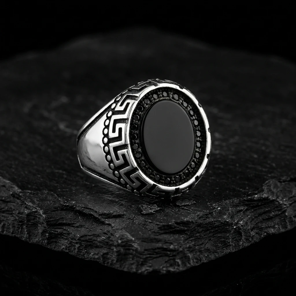 Grek Desenli Oval Siyah Oniks Erkek Yüzük